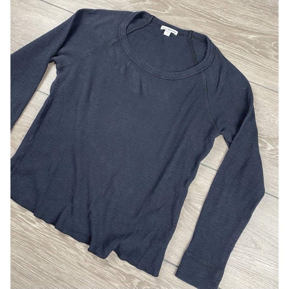 Standard James Perse Women's Long Sleeve Round Neck Waffle Knit Top Black Size S